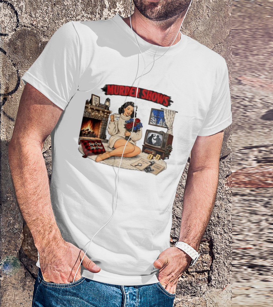 Murder Shows Cozy Creepy Mystery Scene With Fire, Roses, And Vintage TV T-Shirt