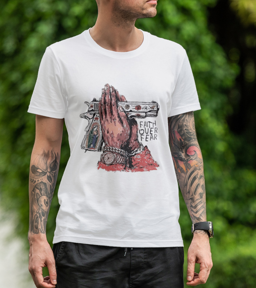 Our Lady Of Guadalupe Praying Hands Gun Faith Over Fear T-Shirt