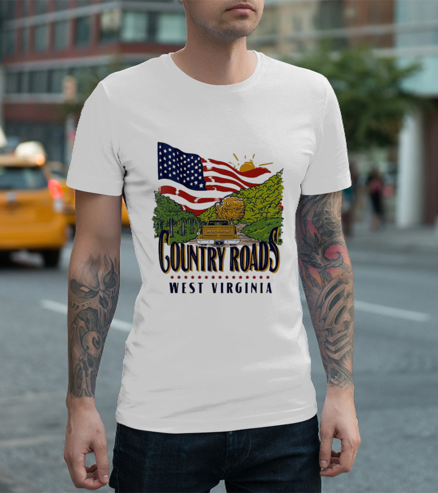 Country Roads West Virginia American USA Flag Vintage Truck Scenic Route T-Shirt