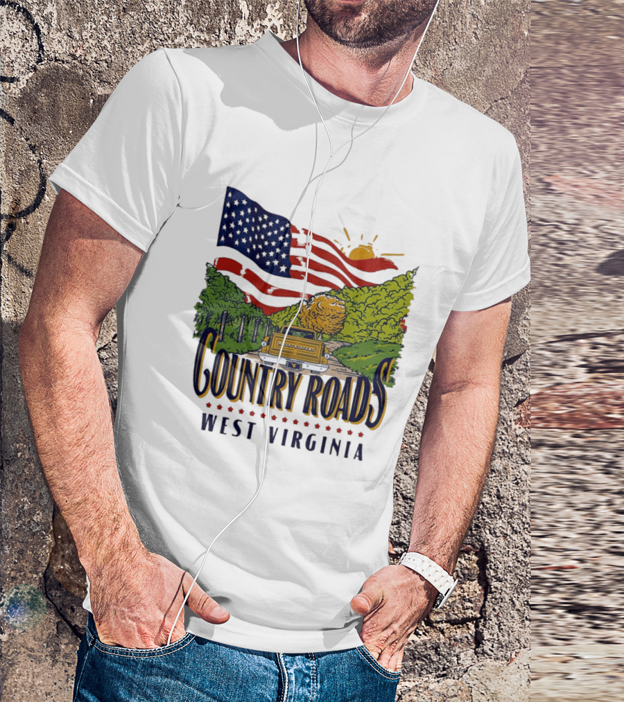 Country Roads West Virginia American USA Flag Vintage Truck Scenic Route T-Shirt