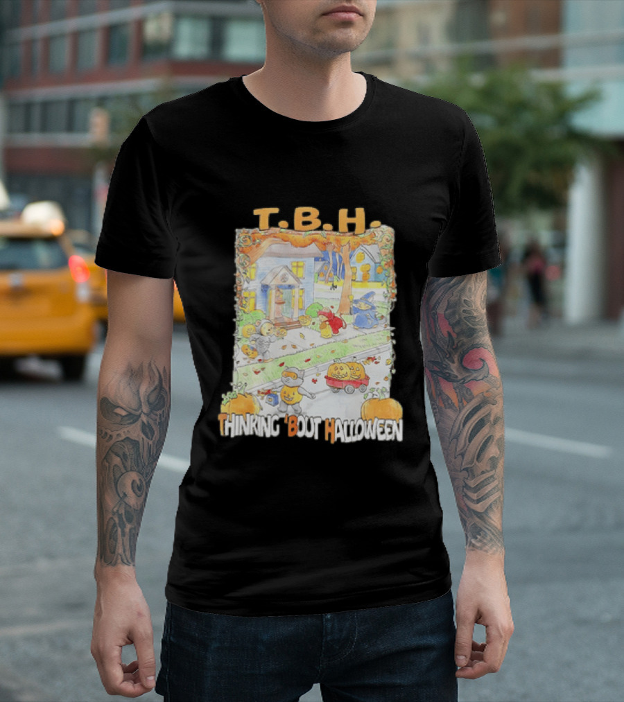 TBH Thinking 'Bout Halloween Animal Trick Or Treaters Fall Street Scene T-Shirt