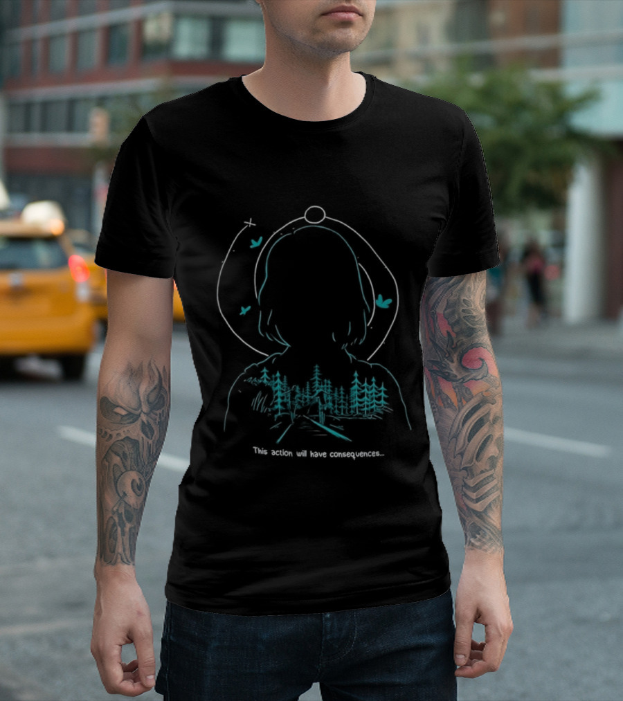 Serene Forest Silhouette With Bluebirds And Headset This Action Will Have Consequences T-Shirt