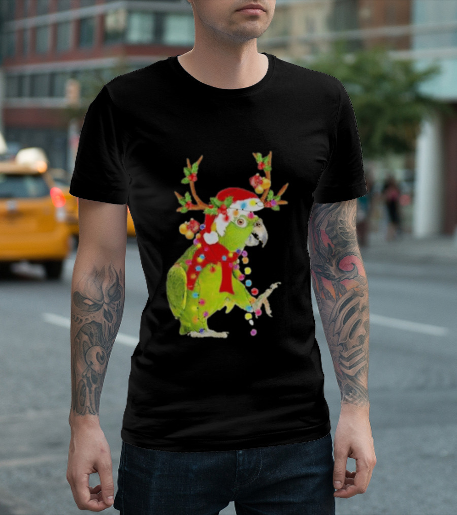 Festive Parrot Wearing Santa Hat And Reindeer Antlers T-Shirt