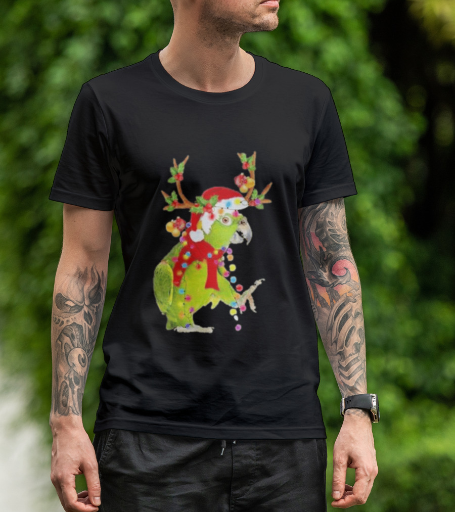 Festive Parrot Wearing Santa Hat And Reindeer Antlers T-Shirt