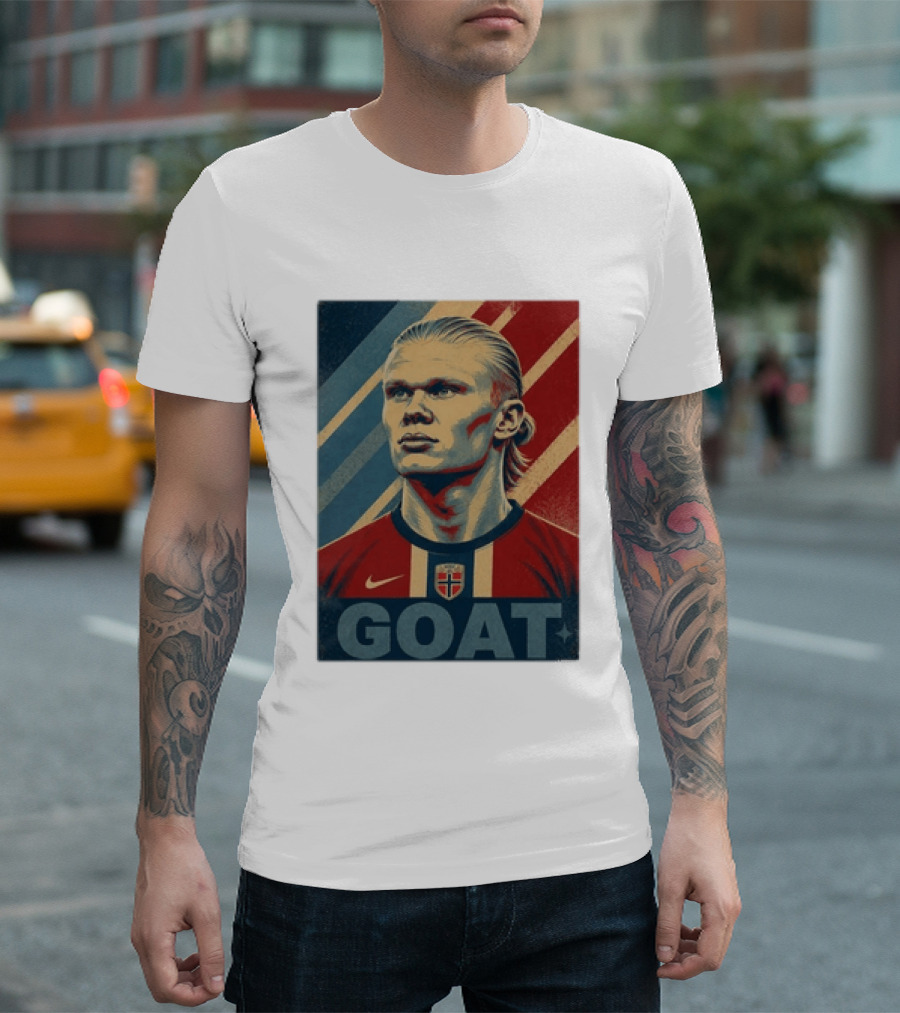Erling Haaland G.O.A.T Norway Soccer Legend Iconic Red Blue Stripes T-Shirt