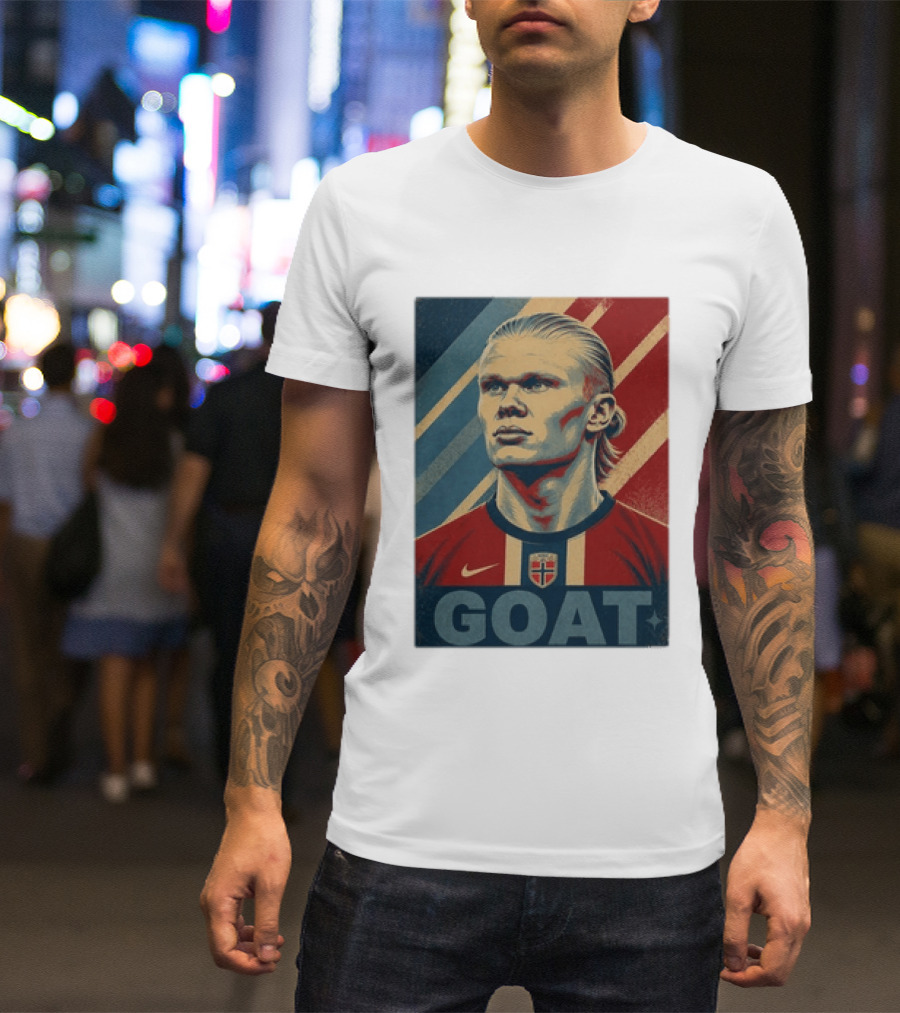 Erling Haaland G.O.A.T Norway Soccer Legend Iconic Red Blue Stripes T-Shirt