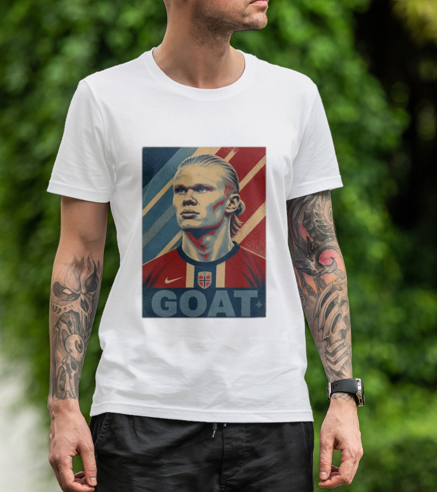 Erling Haaland G.O.A.T Norway Soccer Legend Iconic Red Blue Stripes T-Shirt