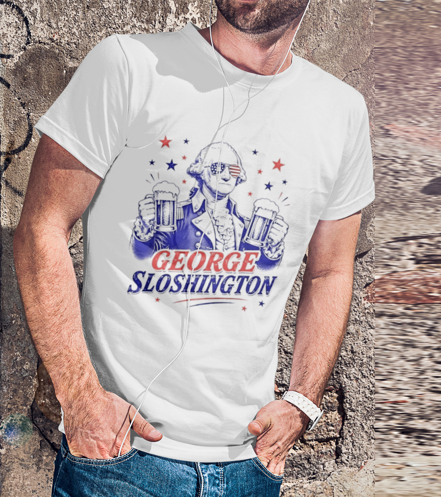 GEORGE SLOSHINGTON Party Patriot Drinking Beer Red White Blue Stars T-Shirt