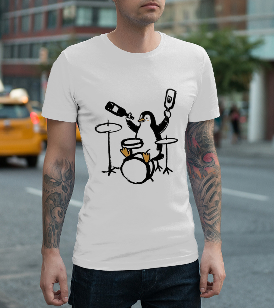 Penguin Playing Drums Drinking Wine With Bottle T-Shirt