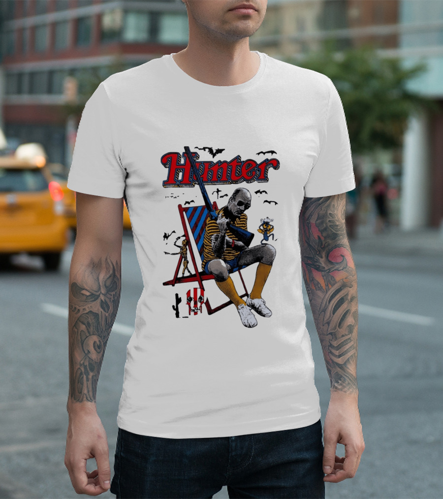Hunter July 18 1937 February 20 2005 Man Holding Rifle Striped Chair Yellow Socks T-Shirt