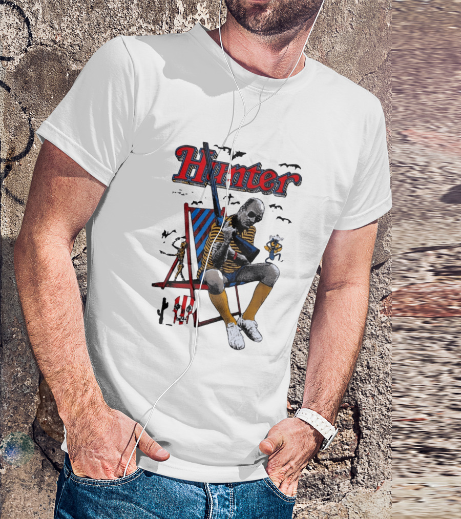Hunter July 18 1937 February 20 2005 Man Holding Rifle Striped Chair Yellow Socks T-Shirt