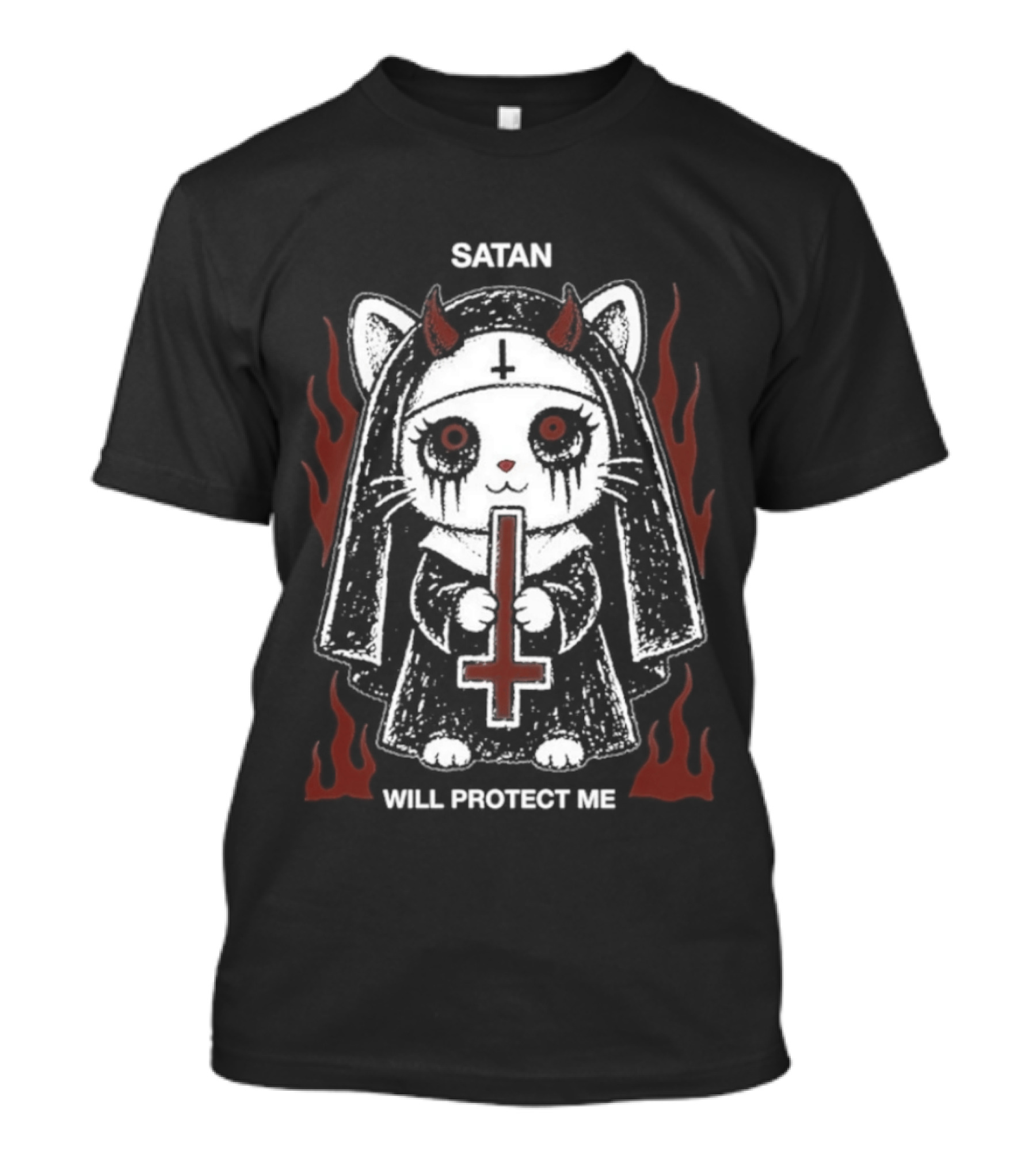 Satan Will Protect Me Goth Cat Nun Dark Aesthetic Devil Horns Fiery Flames T-Shirt