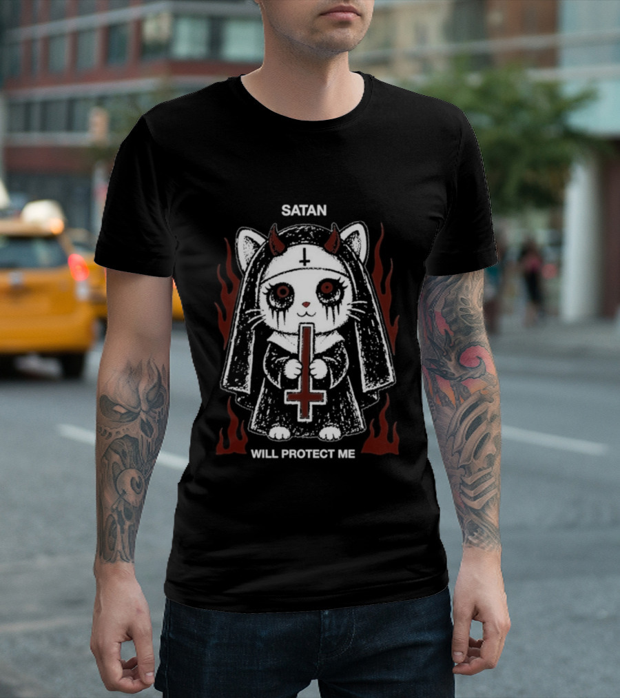 Satan Will Protect Me Goth Cat Nun Dark Aesthetic Devil Horns Fiery Flames T-Shirt