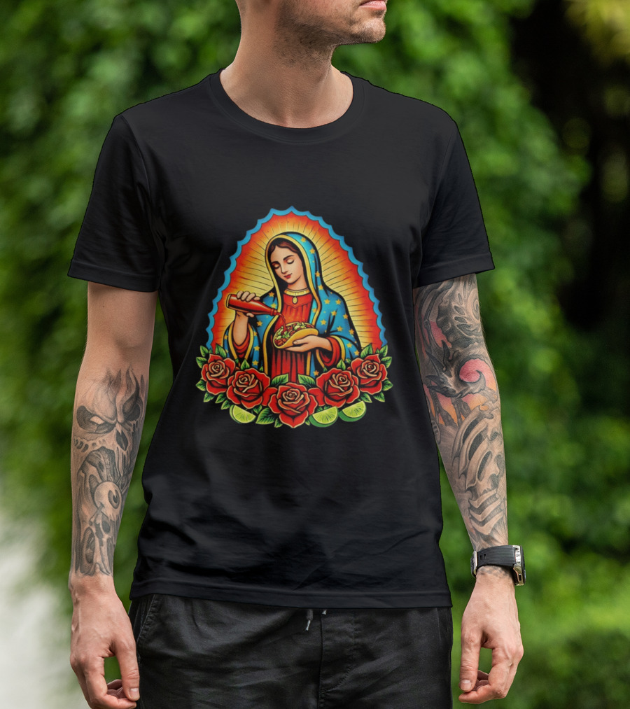 Virgen Maria With Taco And Hot Sauce Surrounded By Roses And Lime Slices T-Shirt
