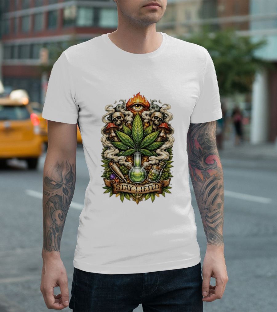 Cannabis Leaf Skull Mushroom Alchemy Eye Stay Lifted Weed Culture T-Shirt