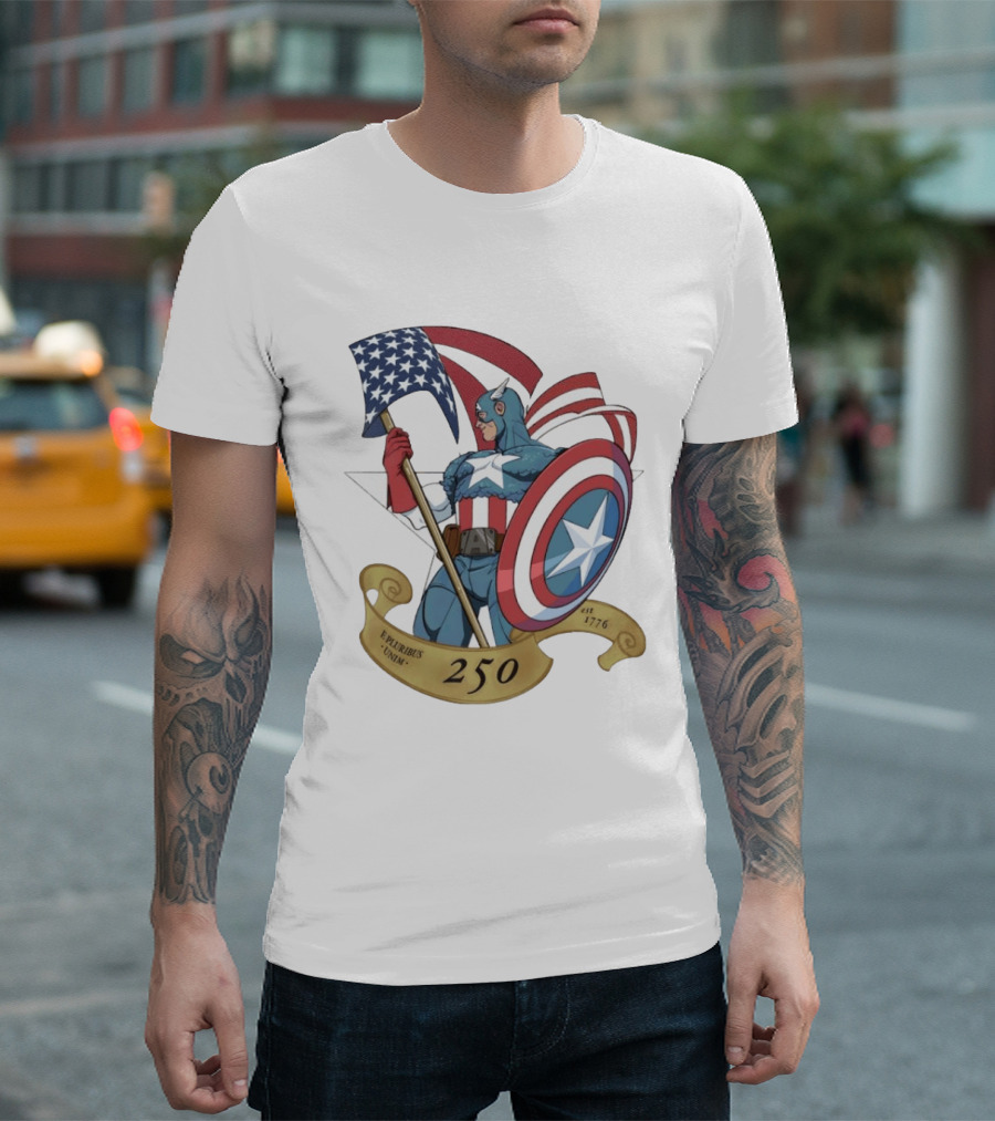 Captain America Marvel 250 E Pluribus Unum EST 1776 Patriotic Hero Shield American Flag T-Shirt