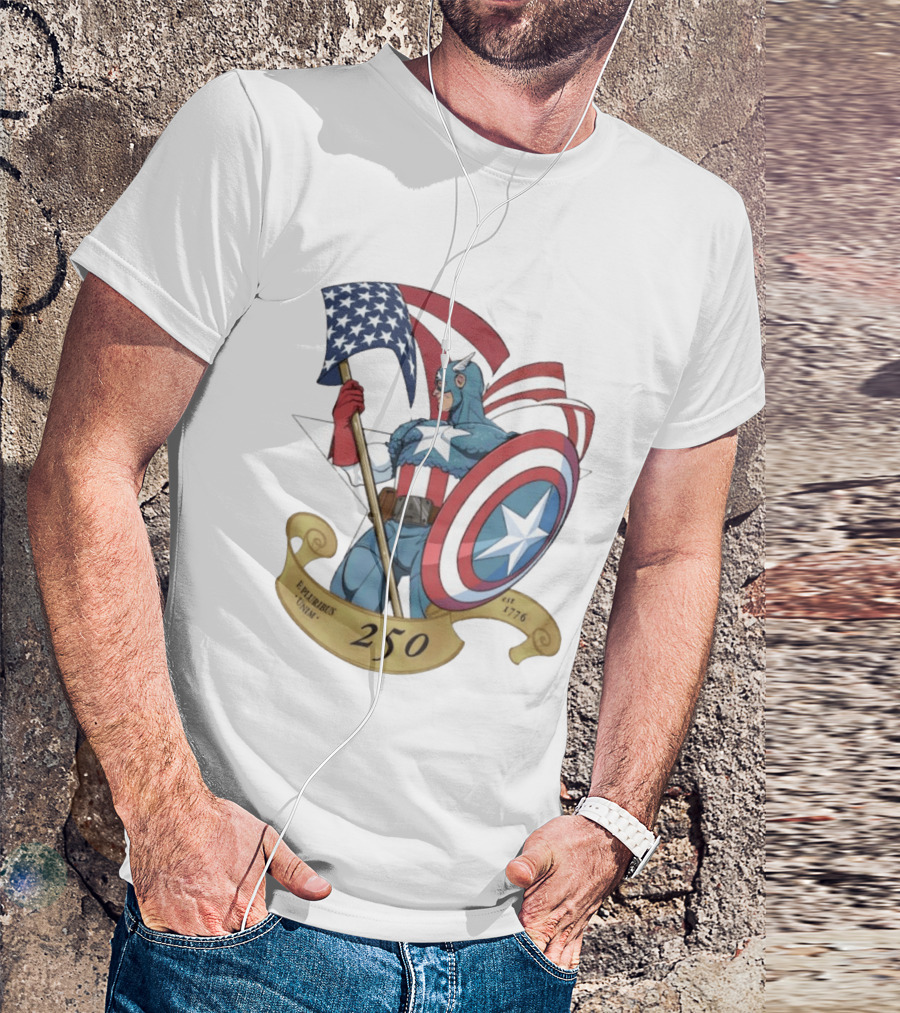 Captain America Marvel 250 E Pluribus Unum EST 1776 Patriotic Hero Shield American Flag T-Shirt