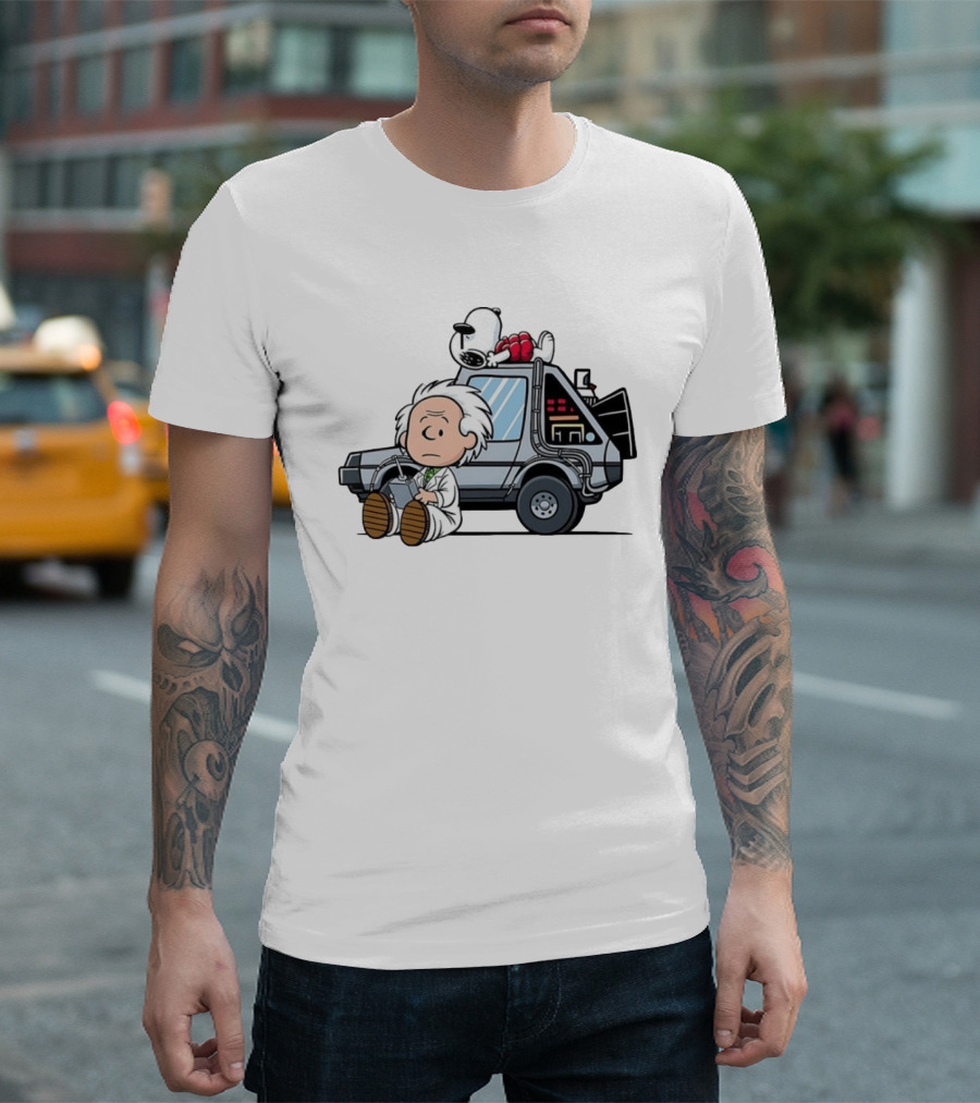 Doc Brown Snoopy Back To The Future Delorean Time Machine Cartoon Mashup T-Shirt