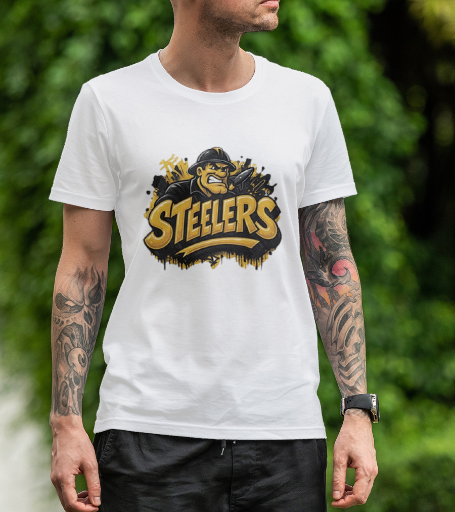 Pittsburgh Steelers Graffiti Steel Worker Emblem With Tough T-Shirt