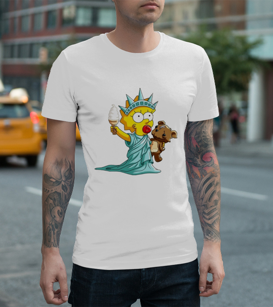 Statue Of Liberty Baby With Ice Cream And Teddy Bear Cartoon T-Shirt