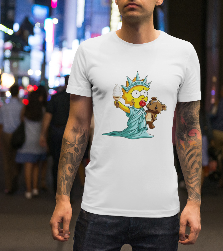 Statue Of Liberty Baby With Ice Cream And Teddy Bear Cartoon T-Shirt