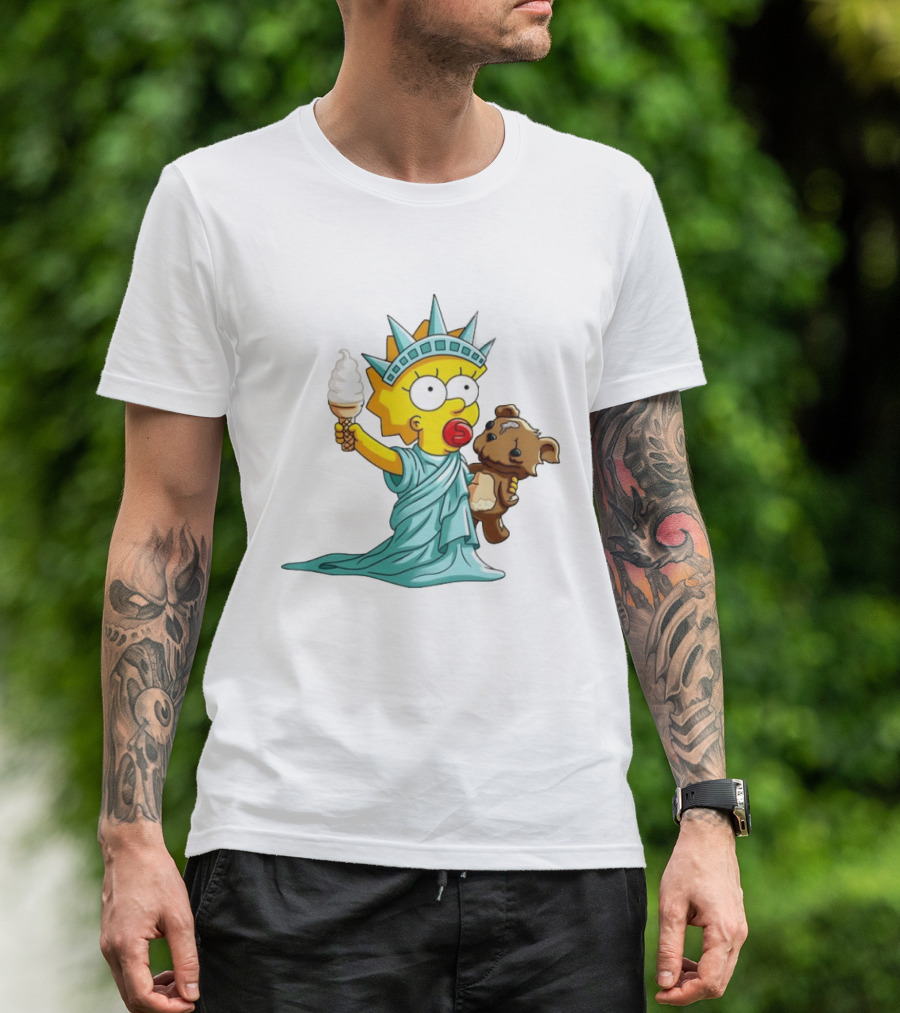 Statue Of Liberty Baby With Ice Cream And Teddy Bear Cartoon T-Shirt