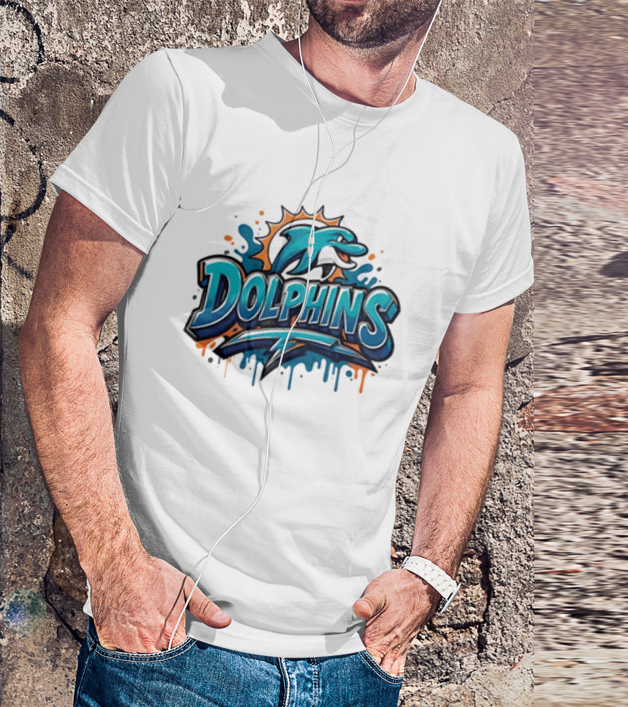 Miami Dolphins Graffiti Football Dolphins Splash Blue Orange T-Shirt