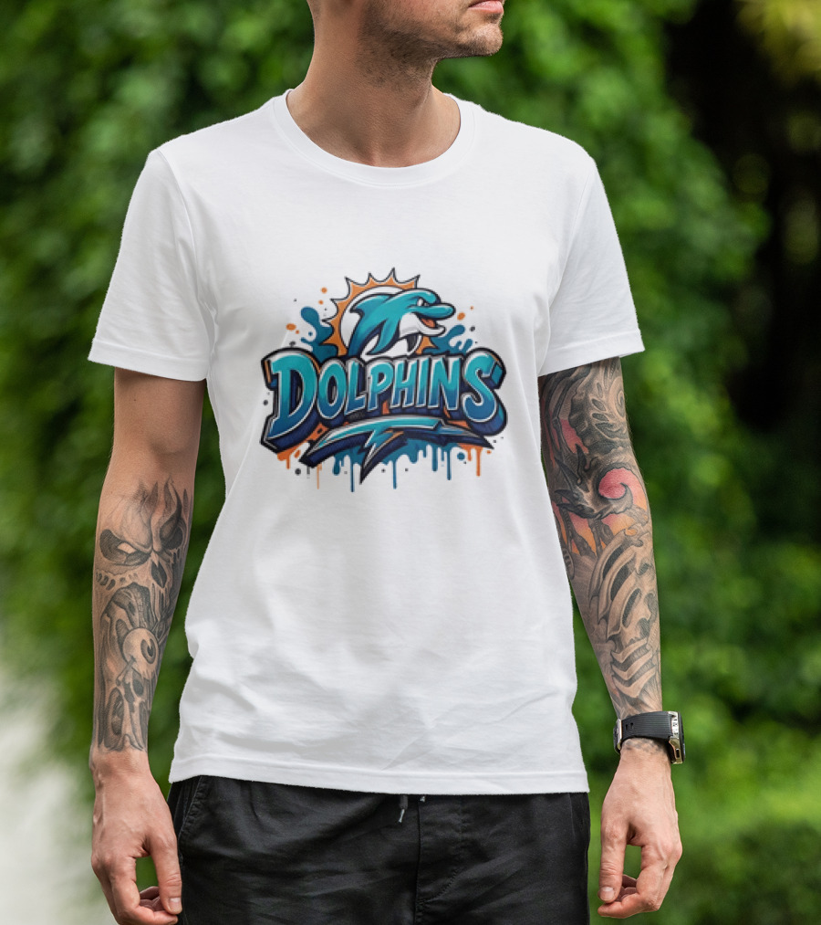 Miami Dolphins Graffiti Football Dolphins Splash Blue Orange T-Shirt