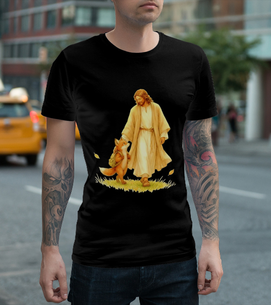 Jesus Christ And Fox Companion With Backpack In Nature Scene T-Shirt