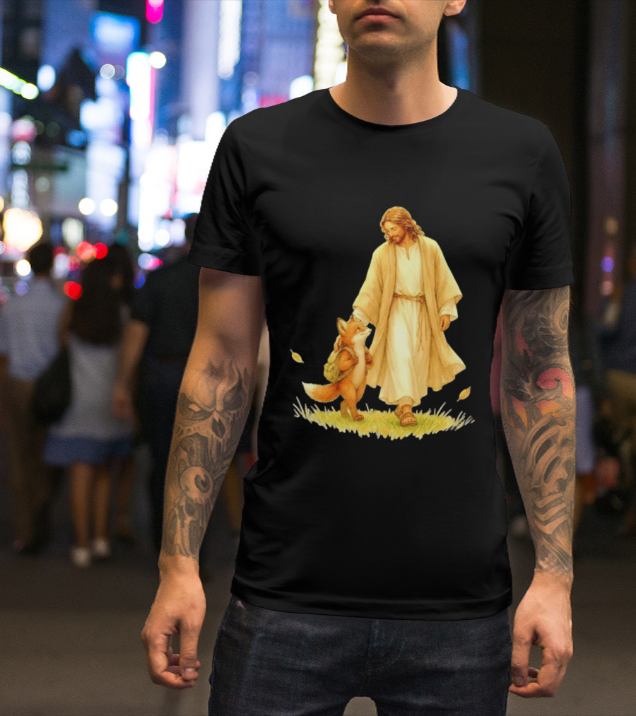 Jesus Christ And Fox Companion With Backpack In Nature Scene T-Shirt