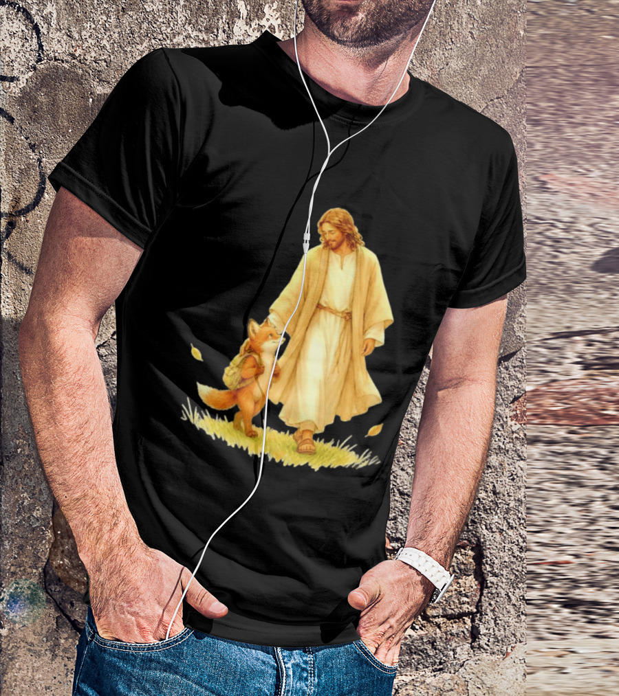 Jesus Christ And Fox Companion With Backpack In Nature Scene T-Shirt