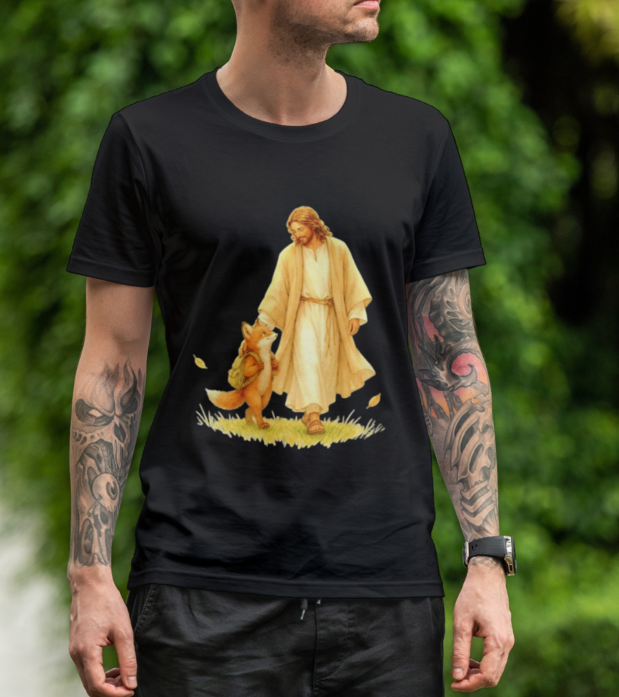 Jesus Christ And Fox Companion With Backpack In Nature Scene T-Shirt