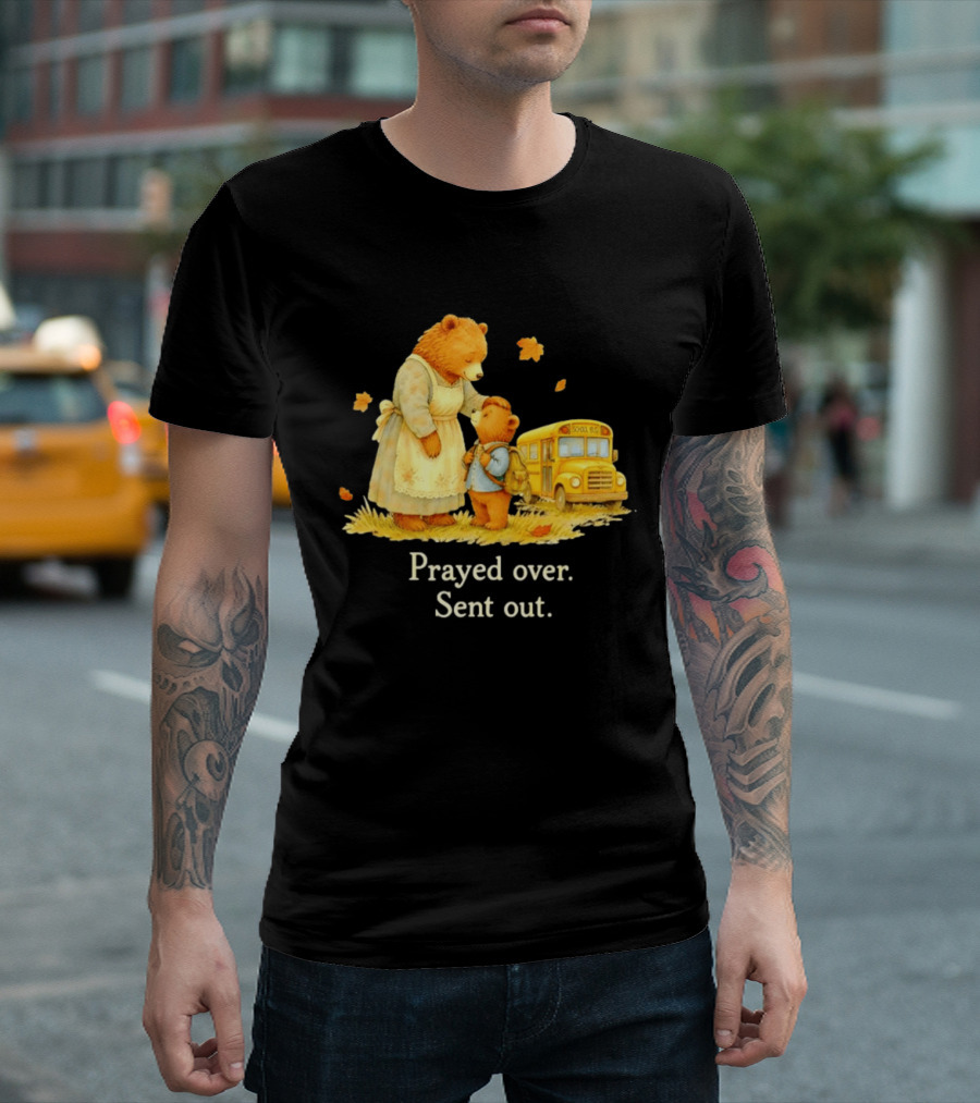 Mama Bear And Cub School Bus Prayed Over Sent Out Back To School Autumn Scene T-Shirt