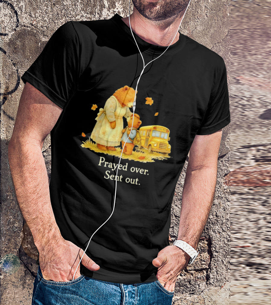 Mama Bear And Cub School Bus Prayed Over Sent Out Back To School Autumn Scene T-Shirt