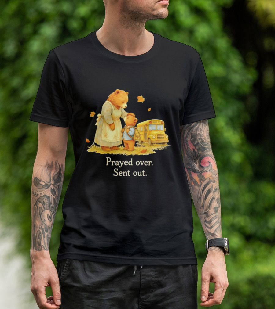 Mama Bear And Cub School Bus Prayed Over Sent Out Back To School Autumn Scene T-Shirt