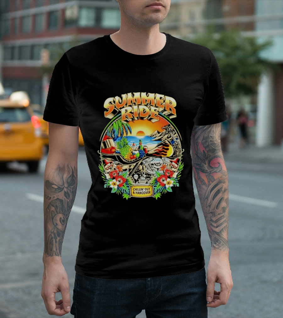 Summer Ride Chillin' Out Hangover Motorcycle Beach Sunset Tropical Fruits Floral T-Shirt