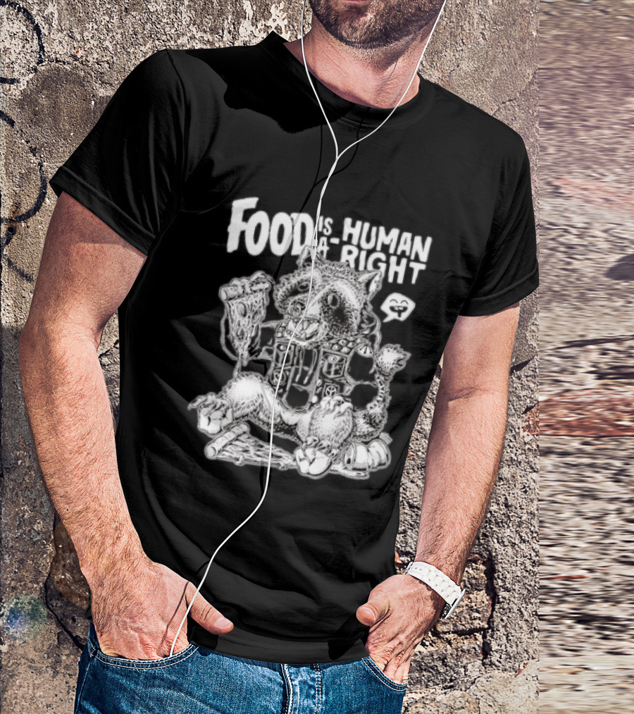 Food Is A Human Right Raccoon Punk Rocker Skeleton Peace Signs T-Shirt