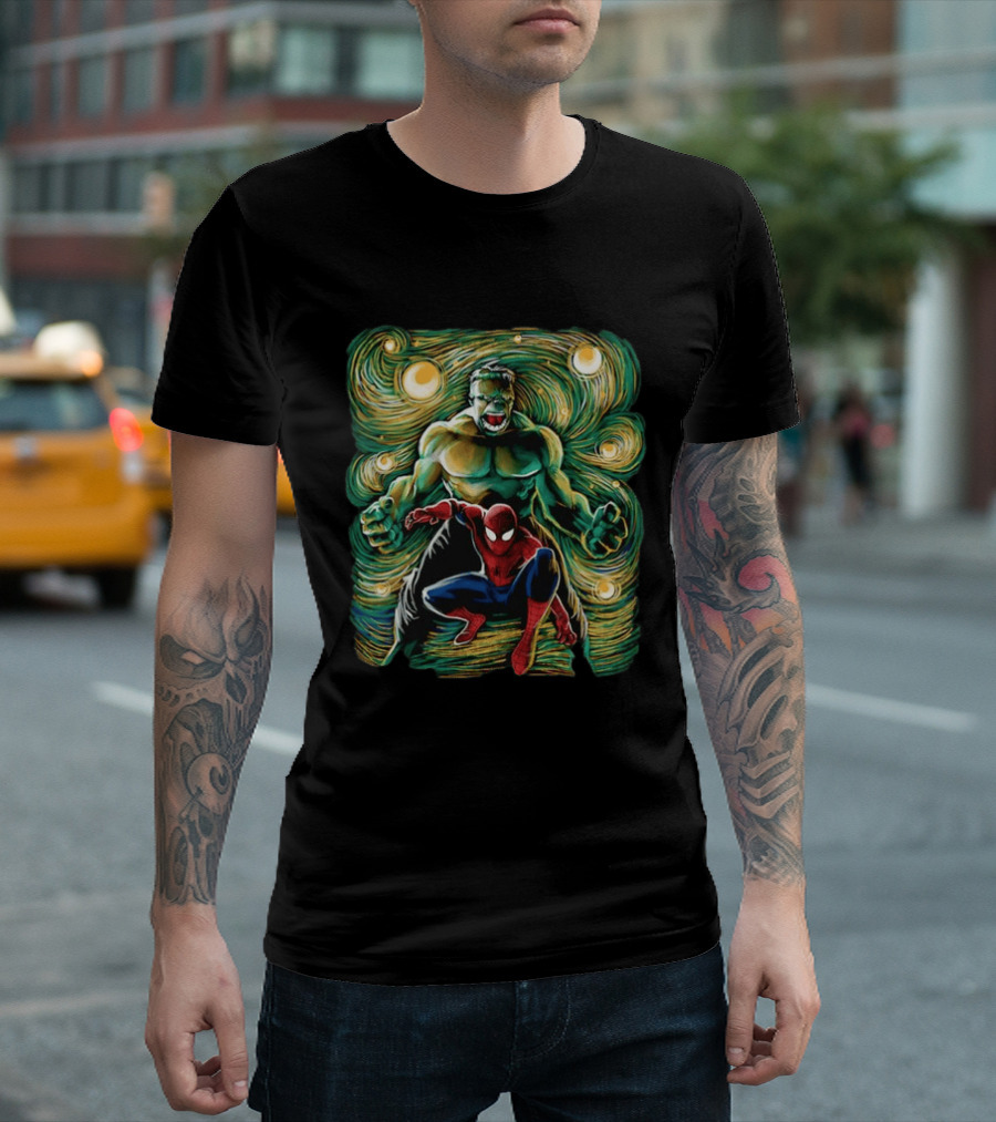 Hulk And Spider Man Marvel Comics Starry Night Sky Superhero Collaboration T-Shirt