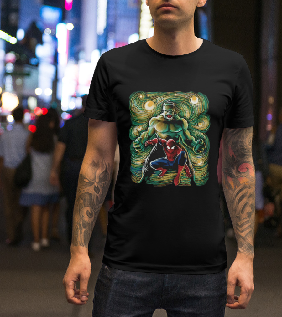 Hulk And Spider Man Marvel Comics Starry Night Sky Superhero Collaboration T-Shirt
