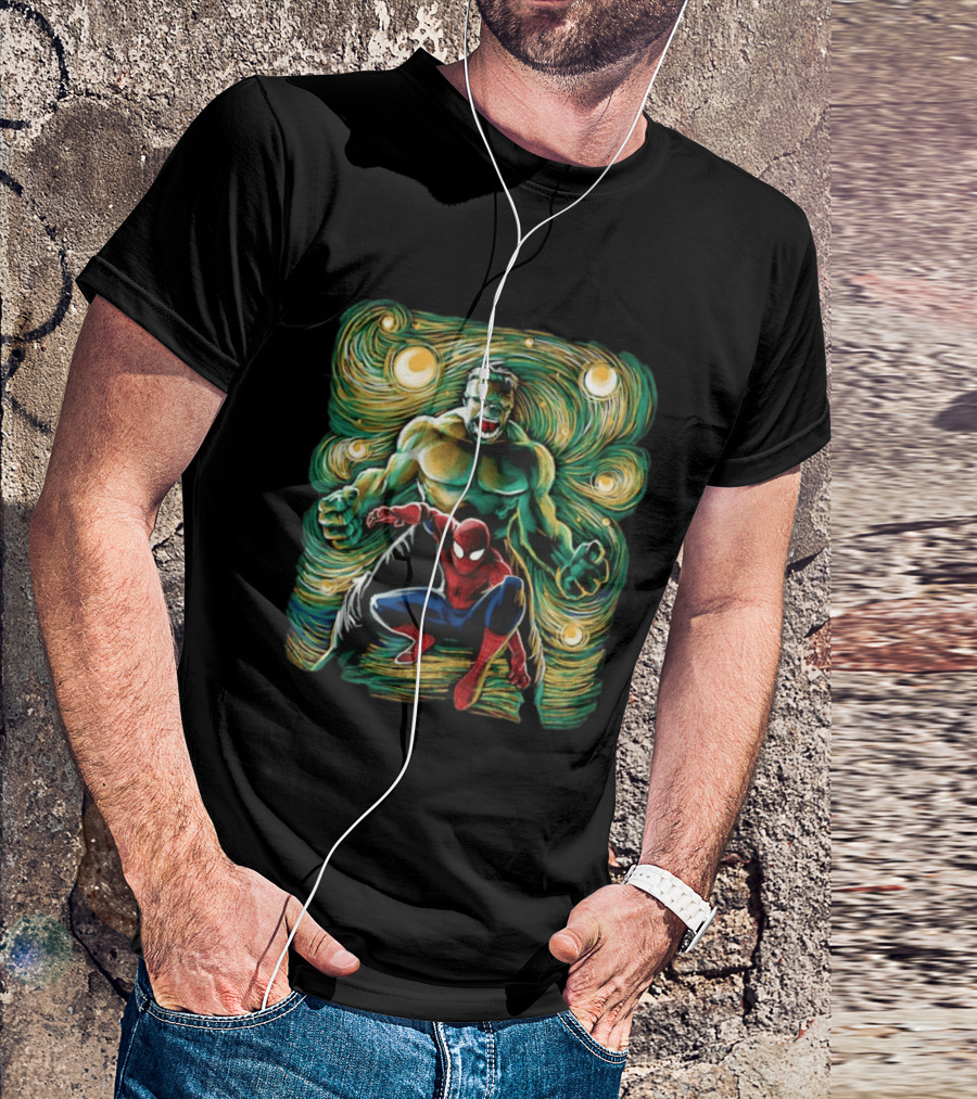 Hulk And Spider Man Marvel Comics Starry Night Sky Superhero Collaboration T-Shirt