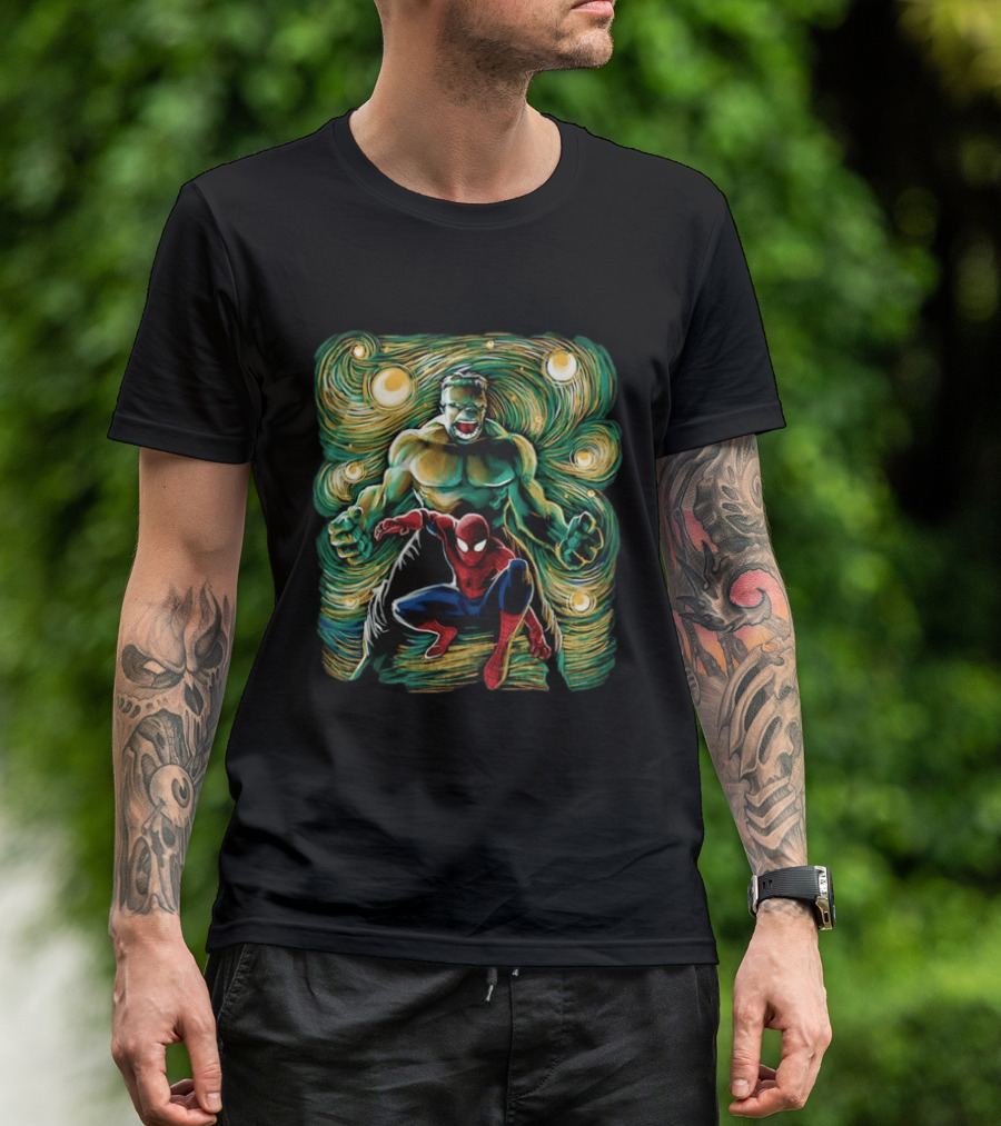 Hulk And Spider Man Marvel Comics Starry Night Sky Superhero Collaboration T-Shirt