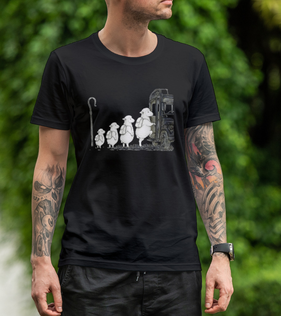 Sheep Boarding School Bus With Shepherd Staff Learning Journey T-Shirt