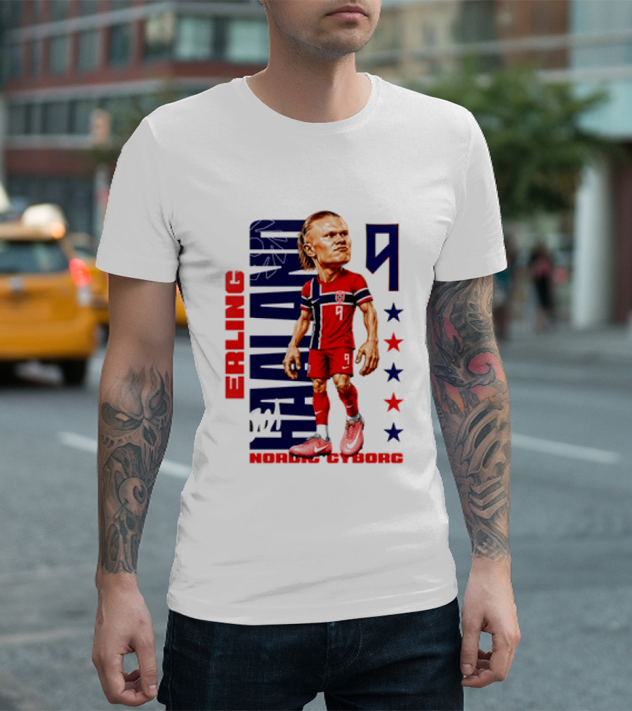 Erling Haaland No 9 Nordic Cyborg Stars And Stripes Caricature T-Shirt