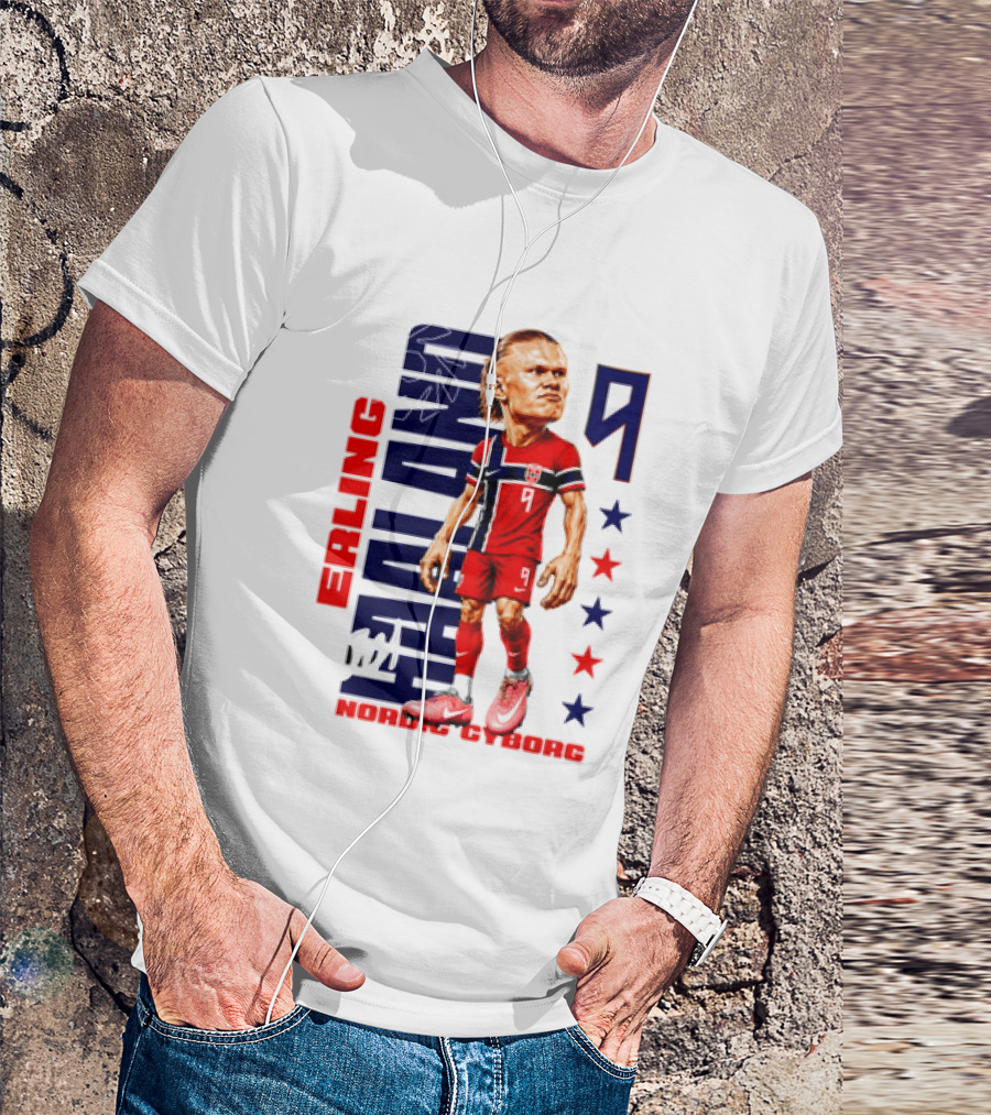 Erling Haaland No 9 Nordic Cyborg Stars And Stripes Caricature T-Shirt