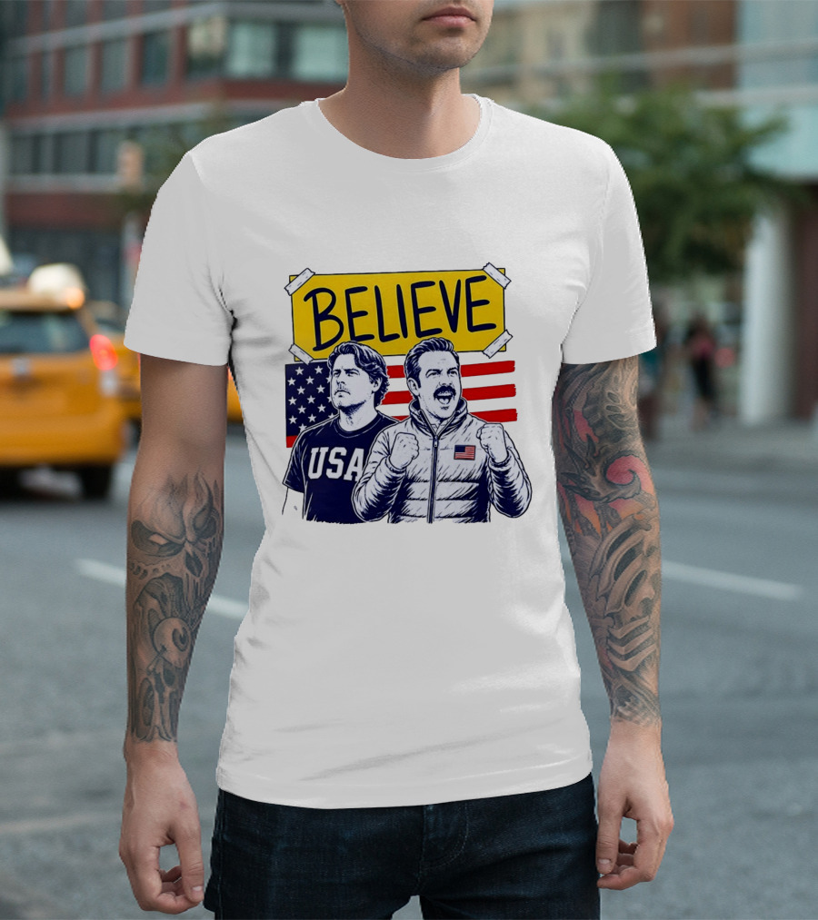 Ted Lasso Coach Beard Believe USA American Flag Scene T-Shirt