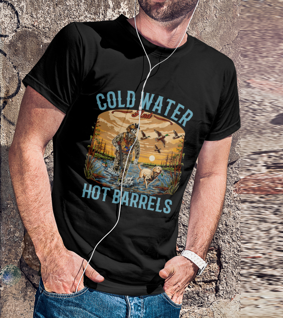 Cold Water And Hot Barrels Skeleton Hunting Ducks Scene With Dog T-Shirt