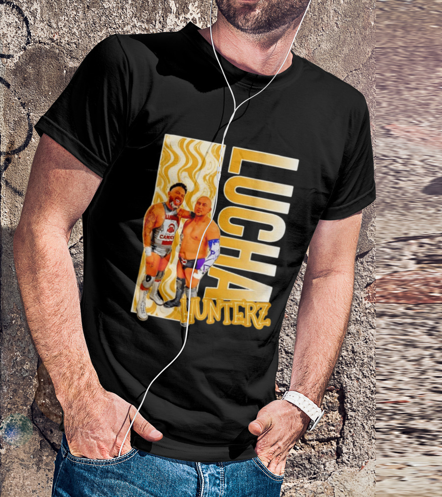 Lucha Hunterz Wrestlers Duo With Llamas And Gold Accents T-Shirt