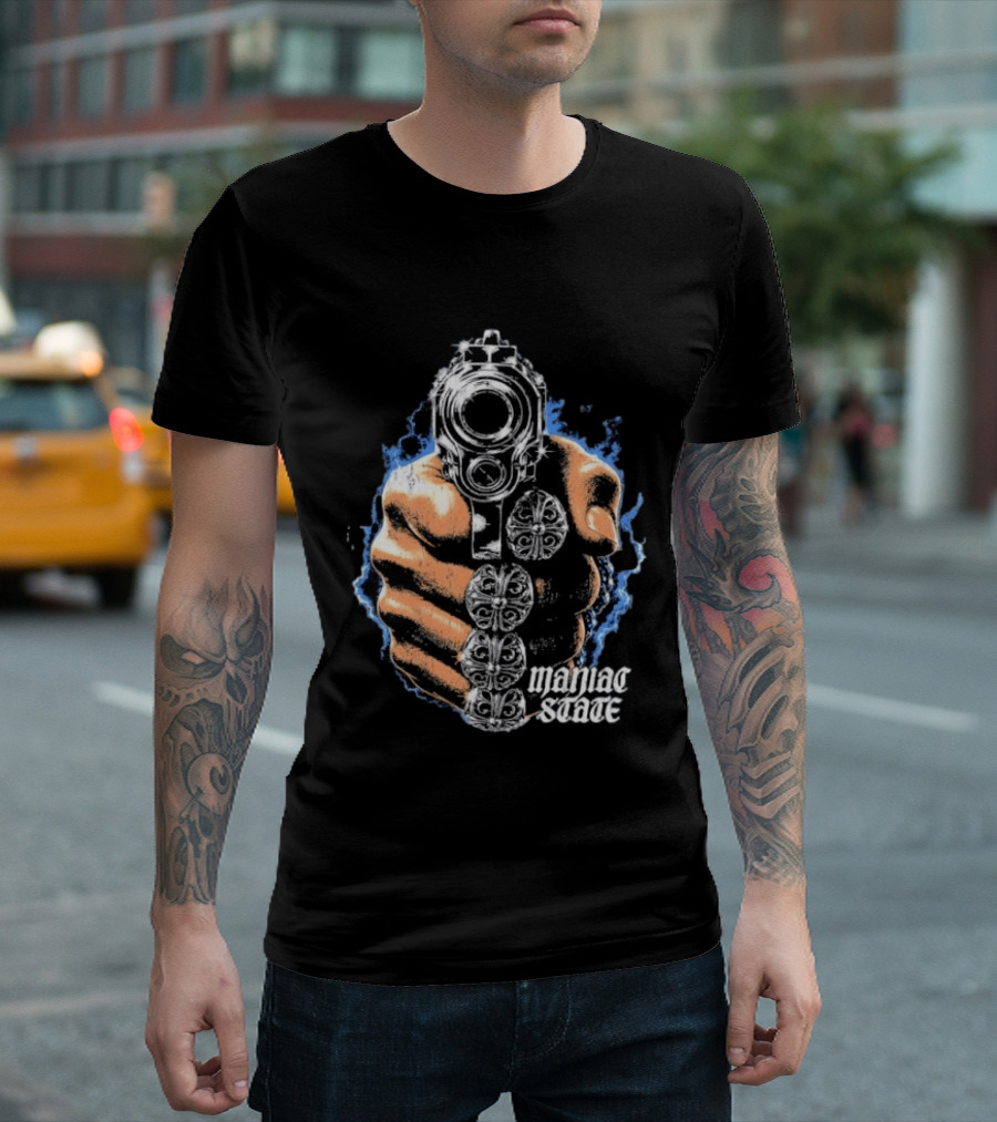 Maniac State Handgun Fist Chrome Cross Rings T-Shirt