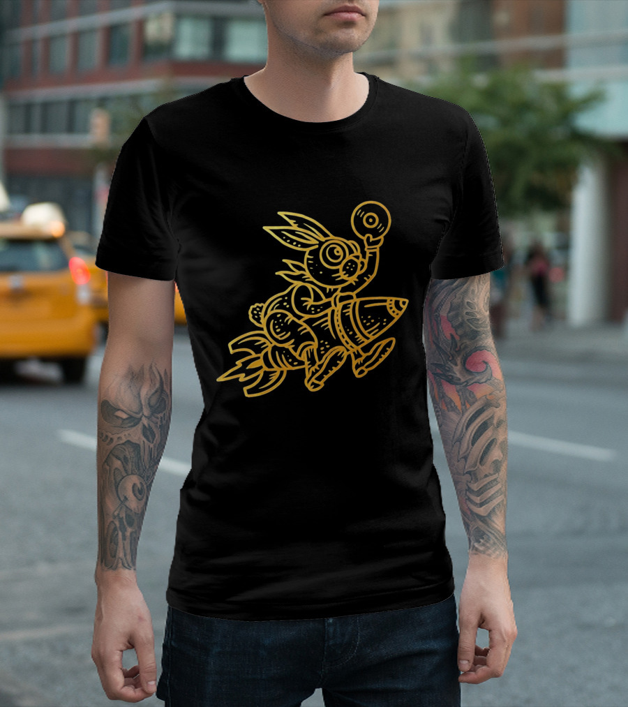 Golden Rabbit Riding A Rocket With Vinyl Record Music Space Adventure T-Shirt