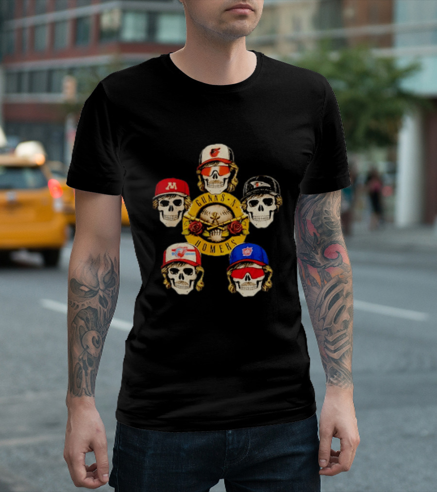 Gunns N Homers Baseball Skull Mashup With Five Caps T-Shirt